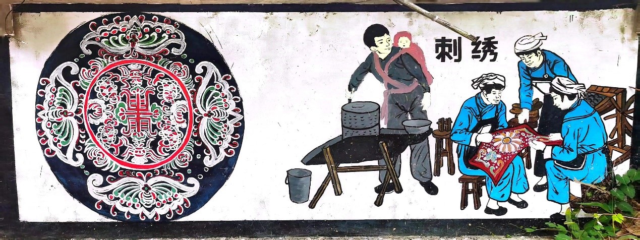 wall painting describing the Horsetail embroidery process